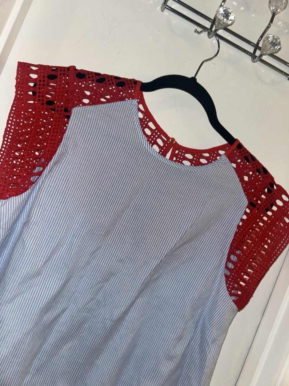 Anthropologie MAEVE Preppy Striped Poplin Crochet Blouse Top Size Medium - Picture 3 of 6